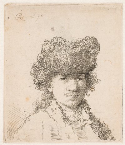 Rembrandt in einer Pelzmütze: das Kleid hell: Büste von Rembrandt van Rijn