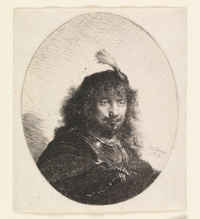 Rembrandt mit Federhut und gesenktem Säbel von Rembrandt van Rijn