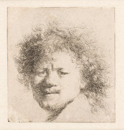 Rembrandt mit langem buschigem Haar: nur Kopf von Rembrandt van Rijn