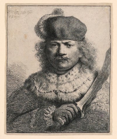 Rembrandt mit erhobenem Säbel von Rembrandt van Rijn