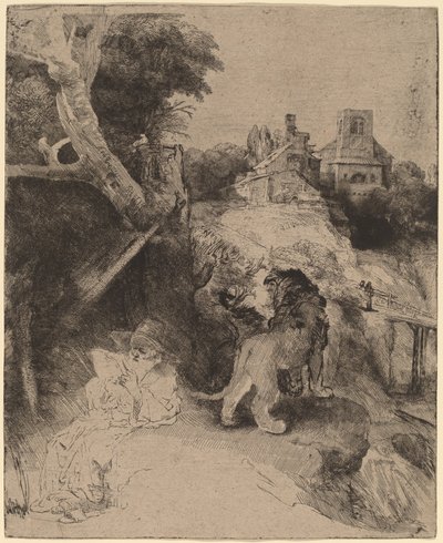 Der heilige Hieronymus liest in einer italienischen Landschaft von Rembrandt van Rijn