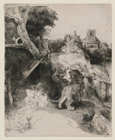 Der heilige Hieronymus liest in einer italienischen Landschaft von Rembrandt van Rijn
