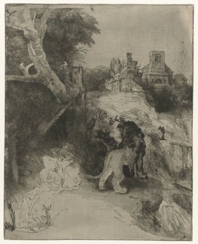 Der heilige Hieronymus liest in einer italienischen Landschaft von Rembrandt van Rijn