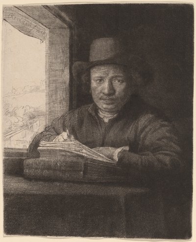 Selbstporträt beim Zeichnen am Fenster von Rembrandt van Rijn