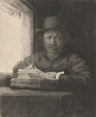 Selbstporträt beim Zeichnen am Fenster von Rembrandt van Rijn