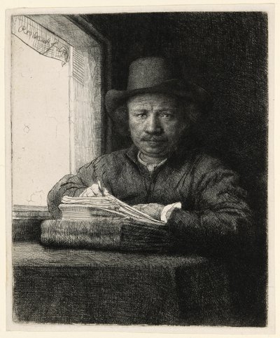 Selbstporträt Radierung am Fenster von Rembrandt van Rijn
