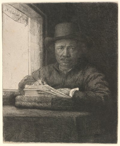 Selbstporträt Radierung am Fenster von Rembrandt van Rijn