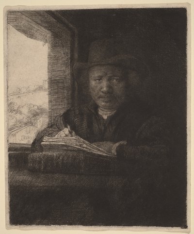 Selbstporträt Radierung am Fenster von Rembrandt van Rijn