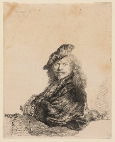 Selbstporträt, an einen Steinsims gelehnt von Rembrandt van Rijn