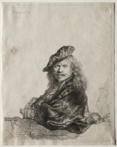 Selbstporträt, das sich auf einen Steinsims lehnt von Rembrandt van Rijn