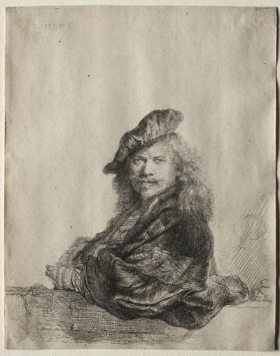 Selbstporträt, das sich auf eine Steinschwelle lehnt, 1639 von Rembrandt van Rijn