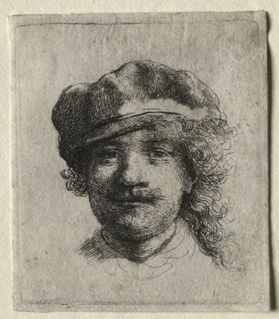 Selbstporträt mit weicher Mütze: Frontalansicht, nur Kopf von Rembrandt van Rijn
