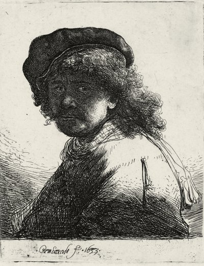Selbstporträt mit Mütze und Schal, das Gesicht dunkel von Rembrandt van Rijn