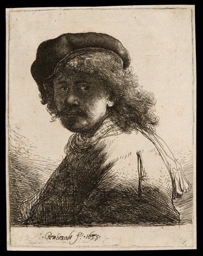 Selbstporträt mit Mütze und Schal, das Gesicht dunkel: Büste von Rembrandt van Rijn