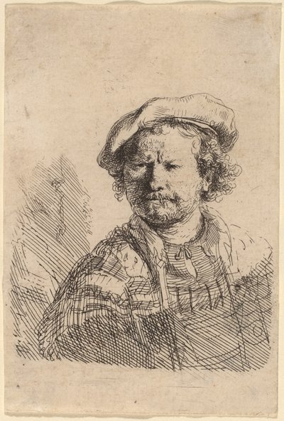 Selbstporträt mit Flachkappe und besticktem Kleid von Rembrandt van Rijn