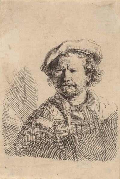 Selbstporträt mit flacher Kappe und besticktem Kleid, um 1642 von Rembrandt van Rijn