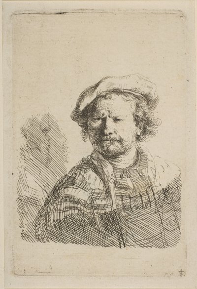 Selbstporträt mit flachem Hut und besticktem Kleid, ca. 1642 von Rembrandt van Rijn