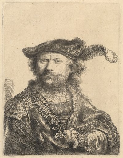 Selbstporträt mit Samtkappe und Feder von Rembrandt van Rijn