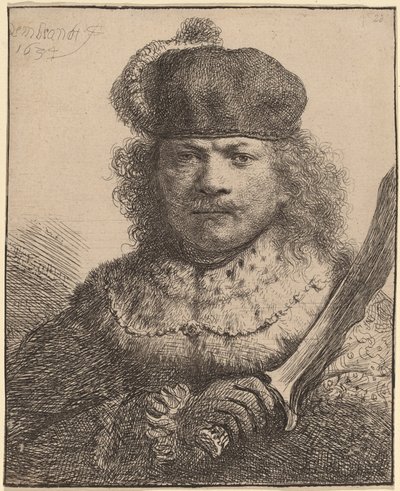 Selbstporträt mit erhobenem Säbel von Rembrandt van Rijn