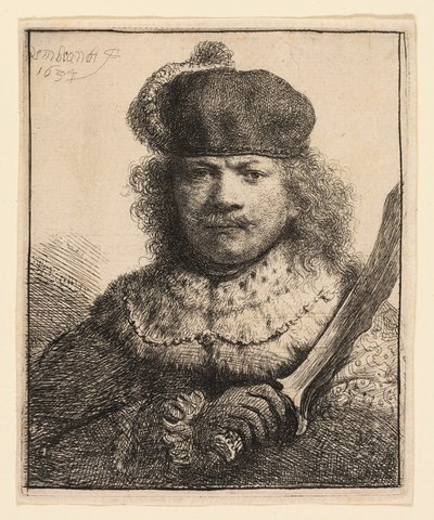 Selbstporträt mit erhobenem Säbel von Rembrandt van Rijn
