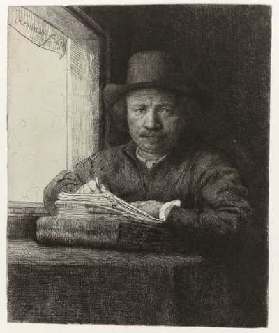 Selbstporträt, Radierung am Fenster von Rembrandt van Rijn