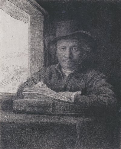 Selbstporträt, Radierung am Fenster, 1648 (Radierung und Gravur auf Büttenpapier) von Rembrandt van Rijn