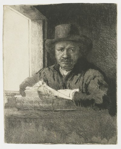 Selbstporträt Radierung am Fenster von Rembrandt van Rijn