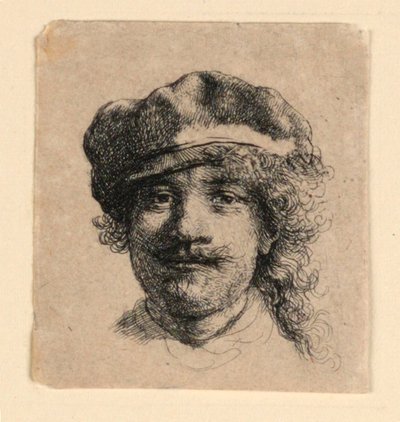 Selbstporträt mit weicher Mütze: Frontalansicht, nur Kopf von Rembrandt van Rijn