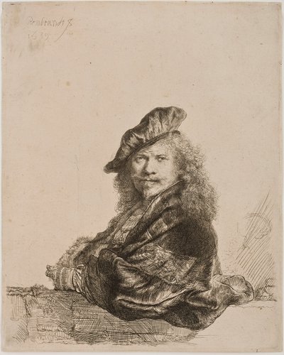 Selbstporträt, das sich auf ein Fensterbrett lehnt, 1639 (Radierung und Kaltnadel) von Rembrandt van Rijn