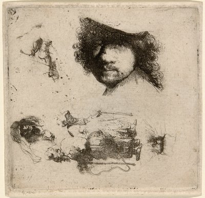 Blatt mit Studien: Kopf des Künstlers, ein Bettlerpaar, Köpfe eines alten Mannes und einer alten Frau usw. von Rembrandt van Rijn