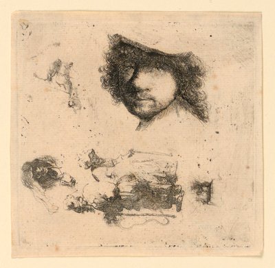 Blatt mit Studien: Selbstporträt, ein Bettlerpaar, Köpfe eines alten Mannes und einer alten Frau, usw. von Rembrandt van Rijn
