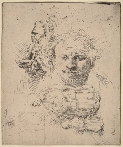 Blatt mit Studien des Kopfes des Künstlers, eines Bettlers und einer Frau mit Kind von Rembrandt van Rijn