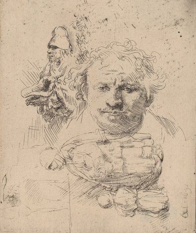 Blatt mit Studien des Kopfes des Künstlers, eines Bettlers und einer Frau mit Kind von Rembrandt van Rijn