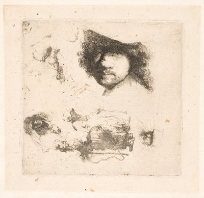 Blatt mit Studien: Kopf von Rembrandt, Bettlerpaar, Köpfe eines alten Mannes und einer alten Frau, usw. von Rembrandt van Rijn
