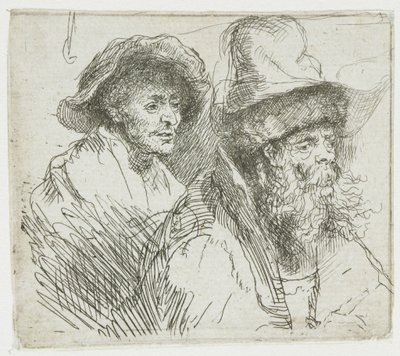 Blatt mit Studien, mit einer Frau, die krank im Bett liegt: Büsten von zwei männlichen Figuren von Rembrandt van Rijn