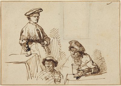 Skizzen aus einer Taverne: Frau stehend und zwei Männer sitzend von Rembrandt van Rijn