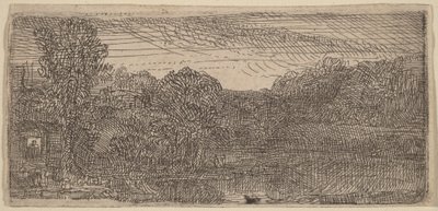 Kleine graue Landschaft: ein Haus und Bäume neben einem Teich von Rembrandt van Rijn