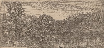Kleine graue Landschaft: ein Haus und Bäume neben einem Teich, ca. 1640 von Rembrandt van Rijn