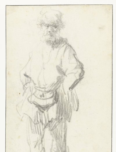 Stehender Mann mit Beutel von Rembrandt van Rijn