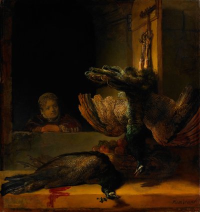 Stillleben mit zwei Pfauen und einem Mädchen, ca. 1639 von Rembrandt van Rijn