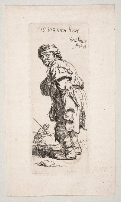 Stehender Bauer nach links gewandt und Figur mit Stock im Hintergrund "Tis vinnich Kout" von Rembrandt van Rijn