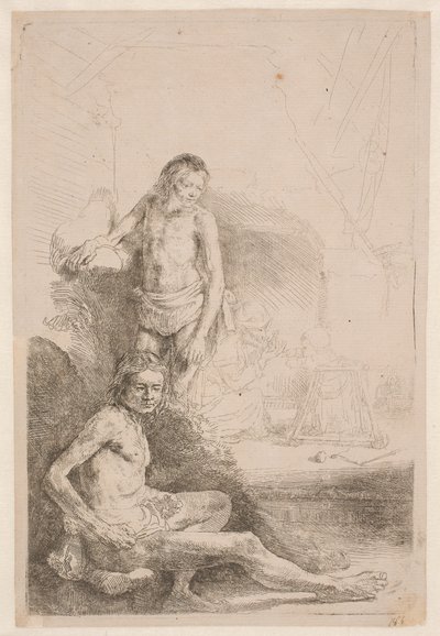 Studien vom Akt: ein sitzender und ein stehender Mann: mit einer Frau und einem Baby im Hintergrund von Rembrandt van Rijn