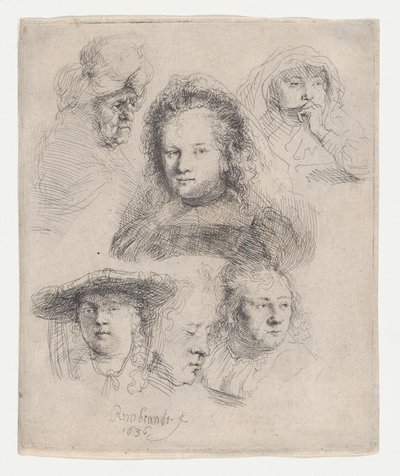 Studien der Köpfe von Saskia und anderen von Rembrandt van Rijn
