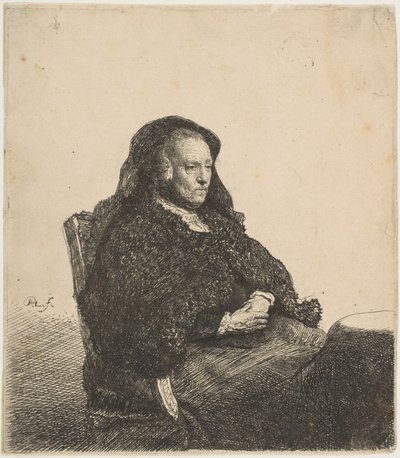 Die Mutter des Künstlers sitzt an einem Tisch und schaut nach rechts (ca. 1631) von Rembrandt van Rijn