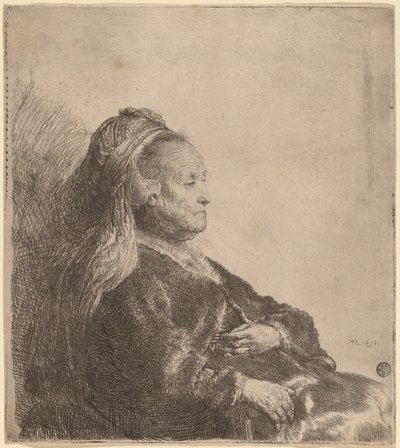 Die Mutter des Künstlers, sitzend, mit orientalischem Kopfschmuck von Rembrandt van Rijn