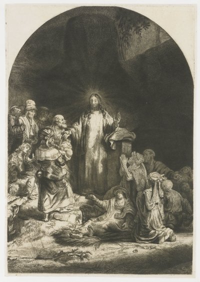 Der Hundertguldenblatt: das zentrale Stück mit Christus predigend, die Platte gewölbt von Rembrandt van Rijn