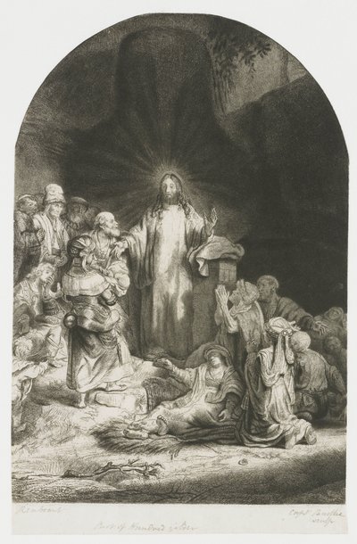 Der Hundertguldenblatt: das zentrale Stück mit Christus predigend, die Platte gewölbt von Rembrandt van Rijn