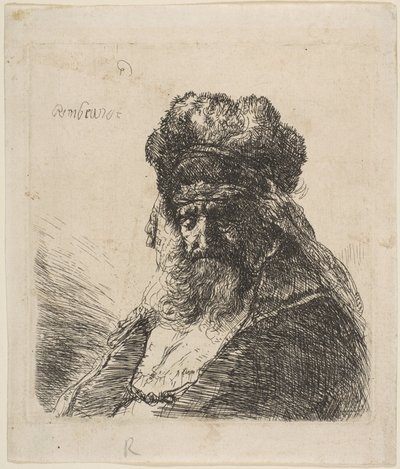 Der alte bärtige Mann mit hoher Pelzmütze und geschlossenen Augen, ca. 1635 von Rembrandt van Rijn