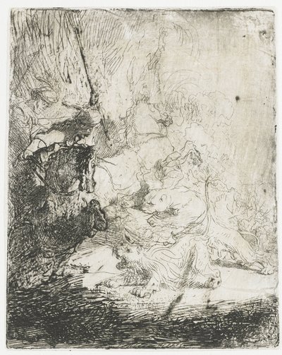 Die kleine Löwenjagd mit zwei Löwen von Rembrandt van Rijn