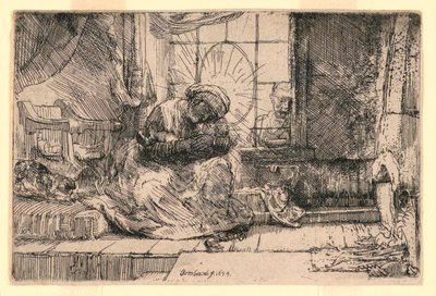 Die Jungfrau und das Kind mit der Katze und Joseph am Fenster von Rembrandt van Rijn